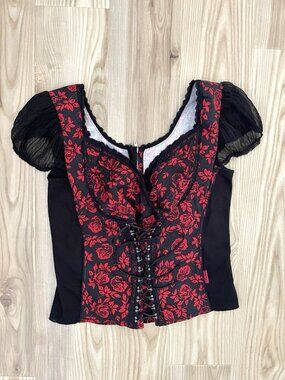 Vintage TRIPP NYC Corset Bustier Rose Floral Lace-Up Top Punk Goth Black Red 3X